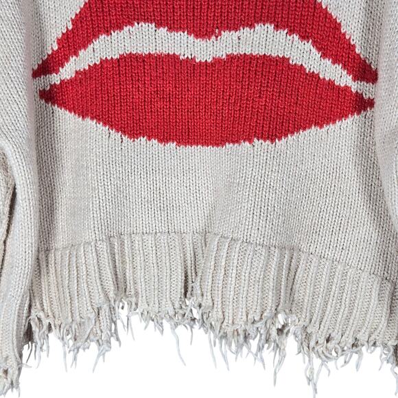 Wildfox Kiss Lips Distressed Hem Sweater XS Relaxed Boxy Oversized Cozy Retro - Picture 5 of 14